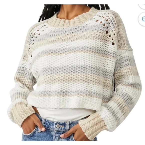 Free People Sweater Womens Large Crop Chunky Knit Devon Gravity Combo Neutral - Picture 1 of 13